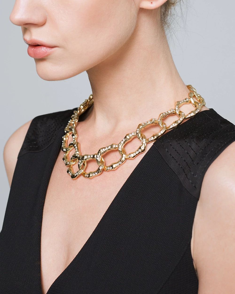 Goldtone Pavé Bamboo Link Necklace click to view larger image.