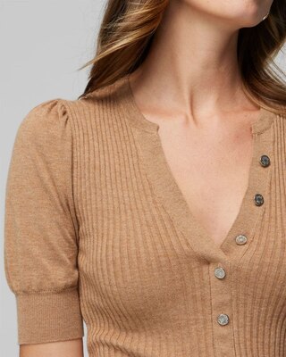 Elbow Sleeve Cashmere Blend Puff Henley Sweater