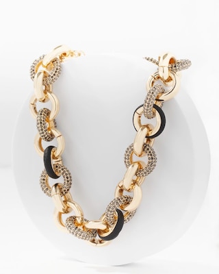 Black Textured Leather + Pavé Link Necklace click to view larger image.