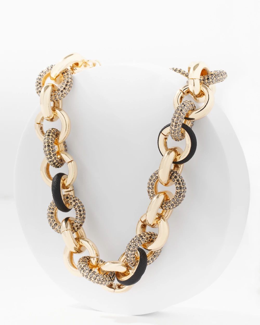 Black Textured Leather + Pavé Link Necklace