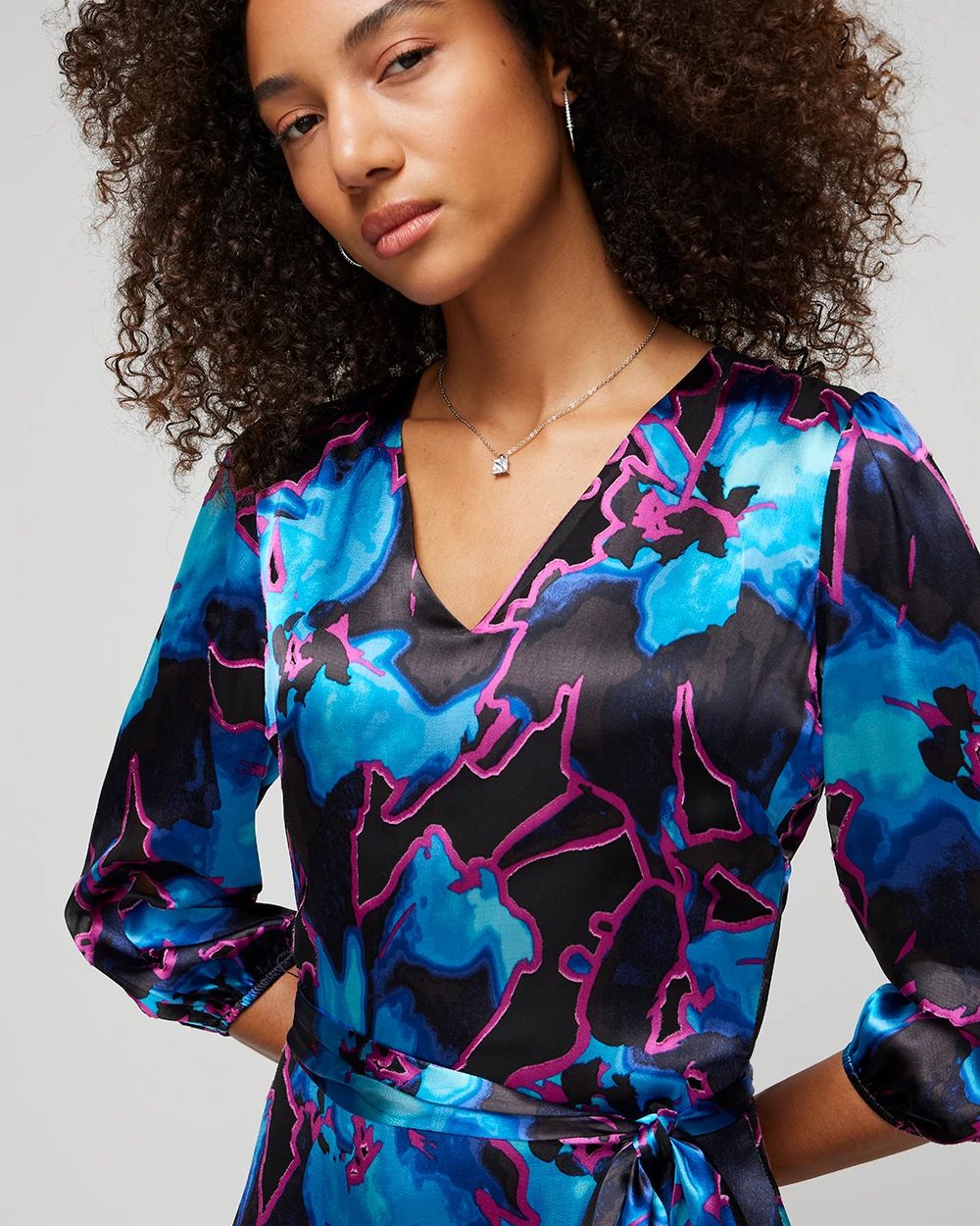 3/4-Sleeve Silk Burn Out Godet Dress