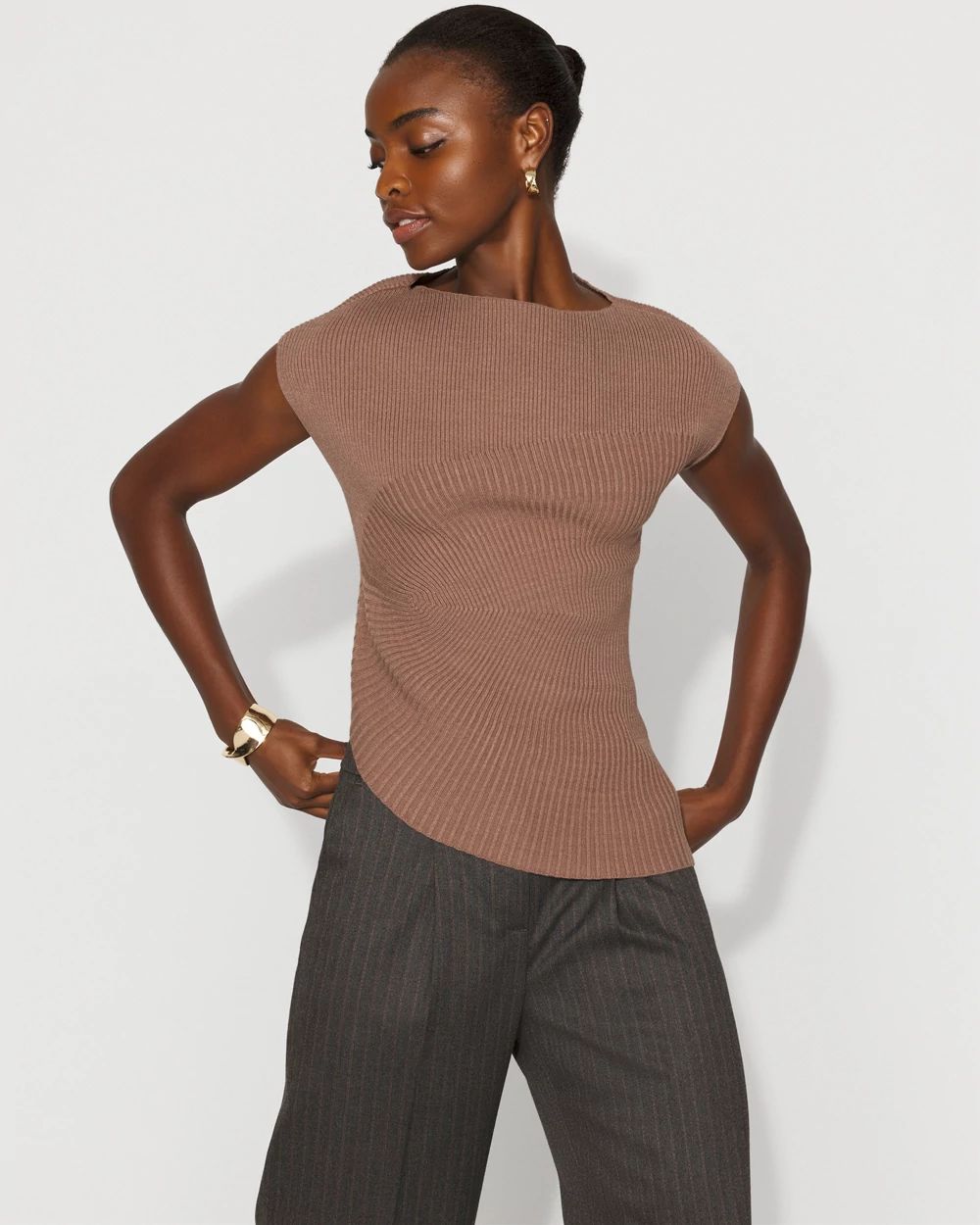 Asymmetric Rib Mock Neck Sweater