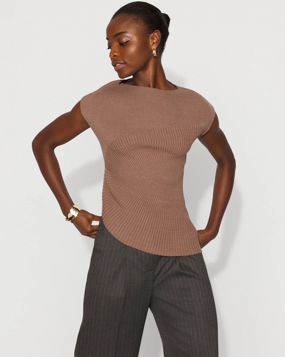 Asymmetric Rib Mock Neck Sweater