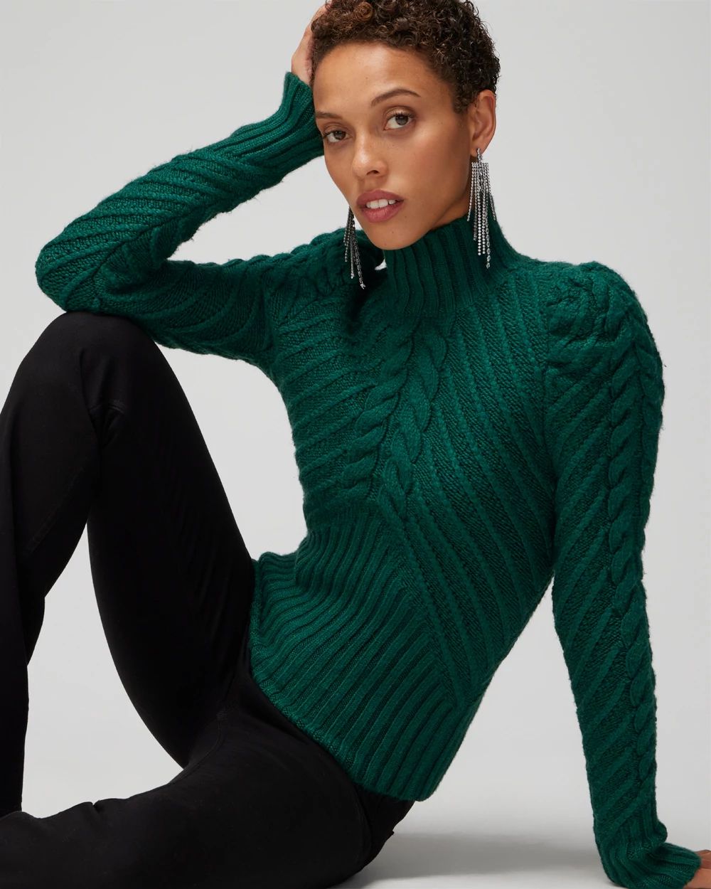 Puff Sleeve Cable Mockneck Sweater click to view larger image.