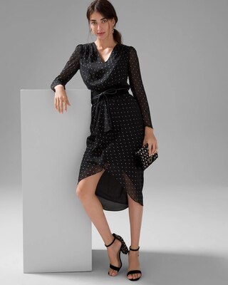 Petite Long Sleeve Black & Silver Clip Midi Dress