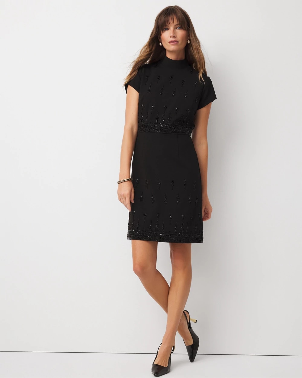 Mockneck Embellished Crepe Dress