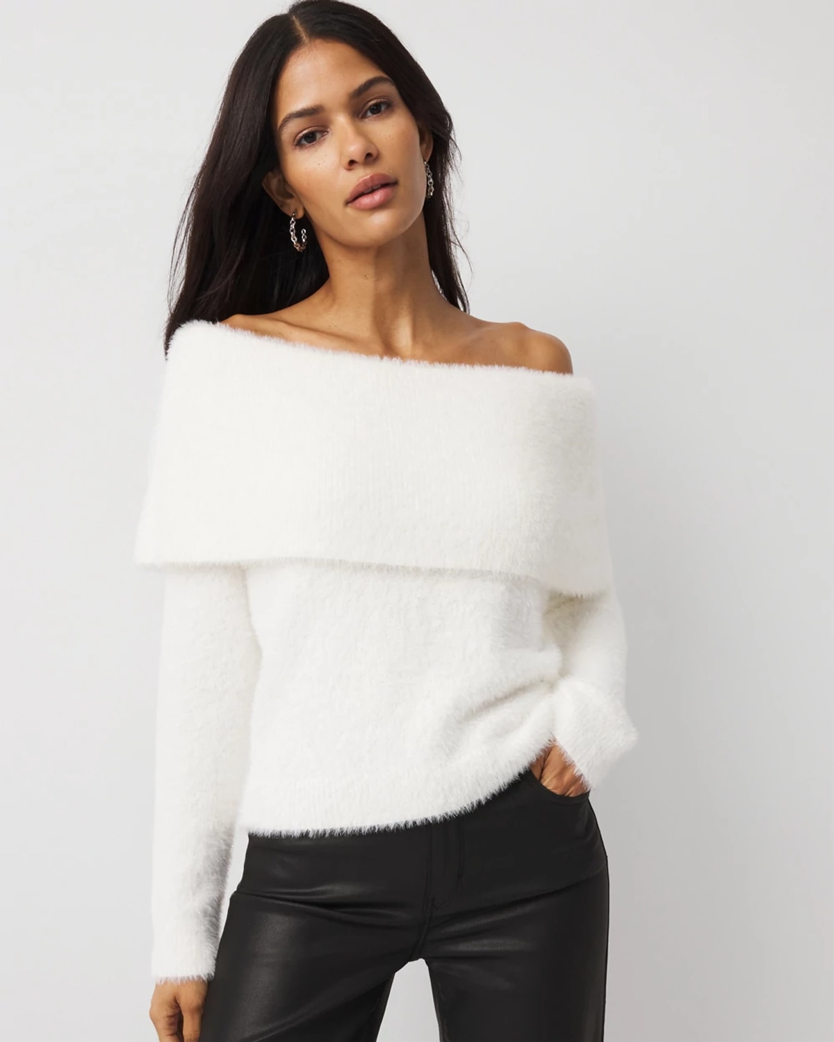 White House Black Market Petite Off-the-shoulder Brushed Pullover Sweater In White