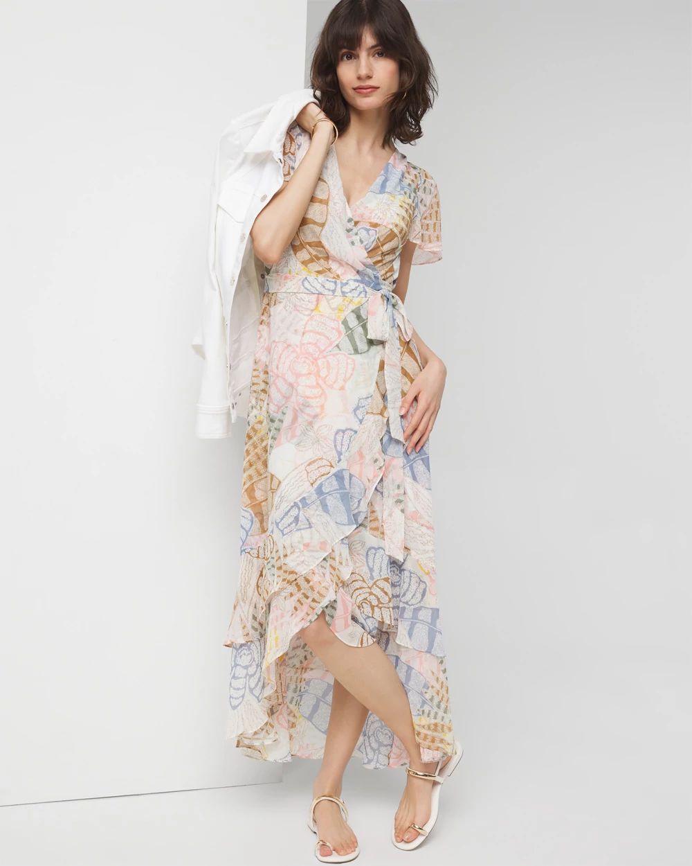Petite Short Sleeve Flutter Wrap Midi Dress
