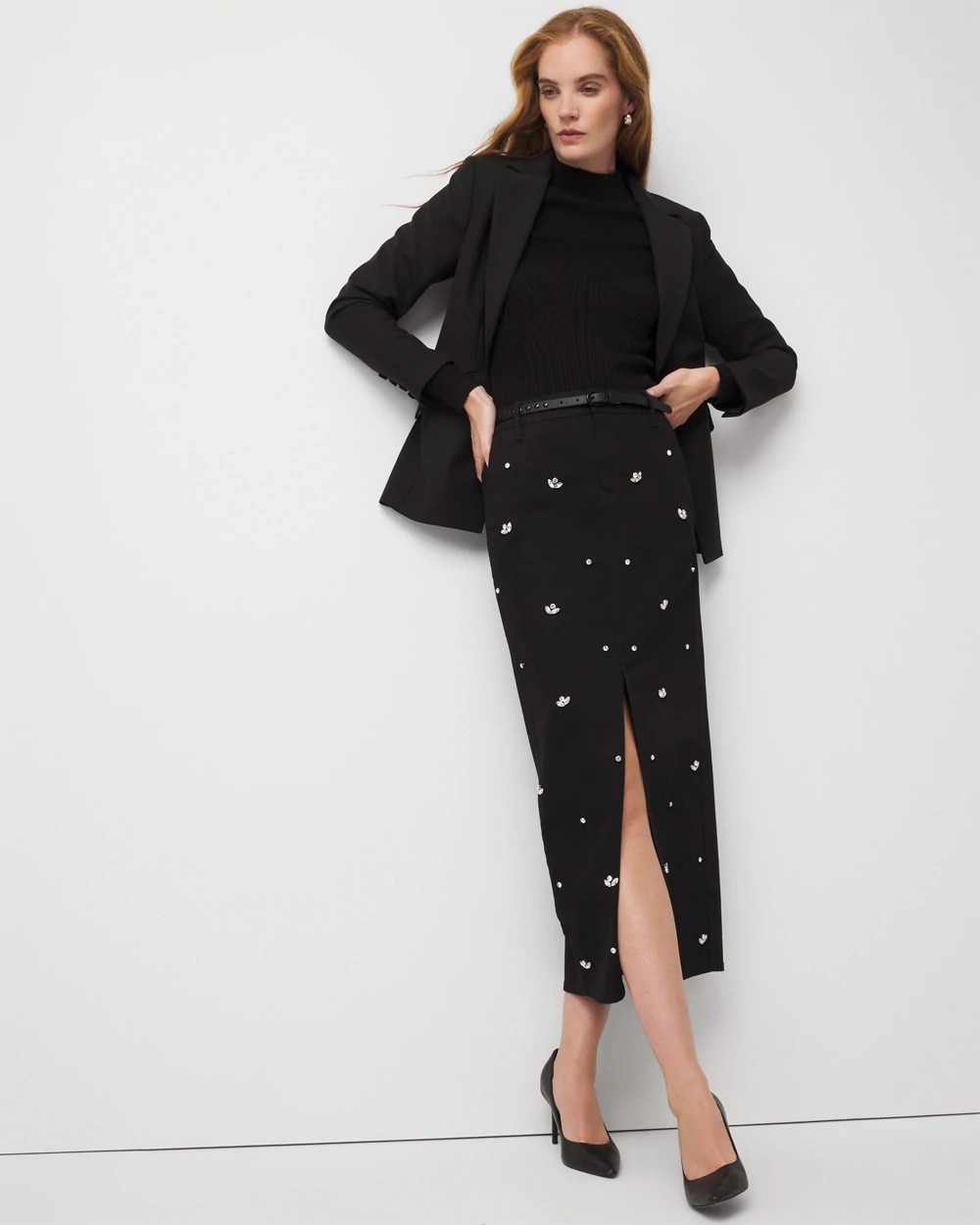 Embellished Denim Maxi Skirt