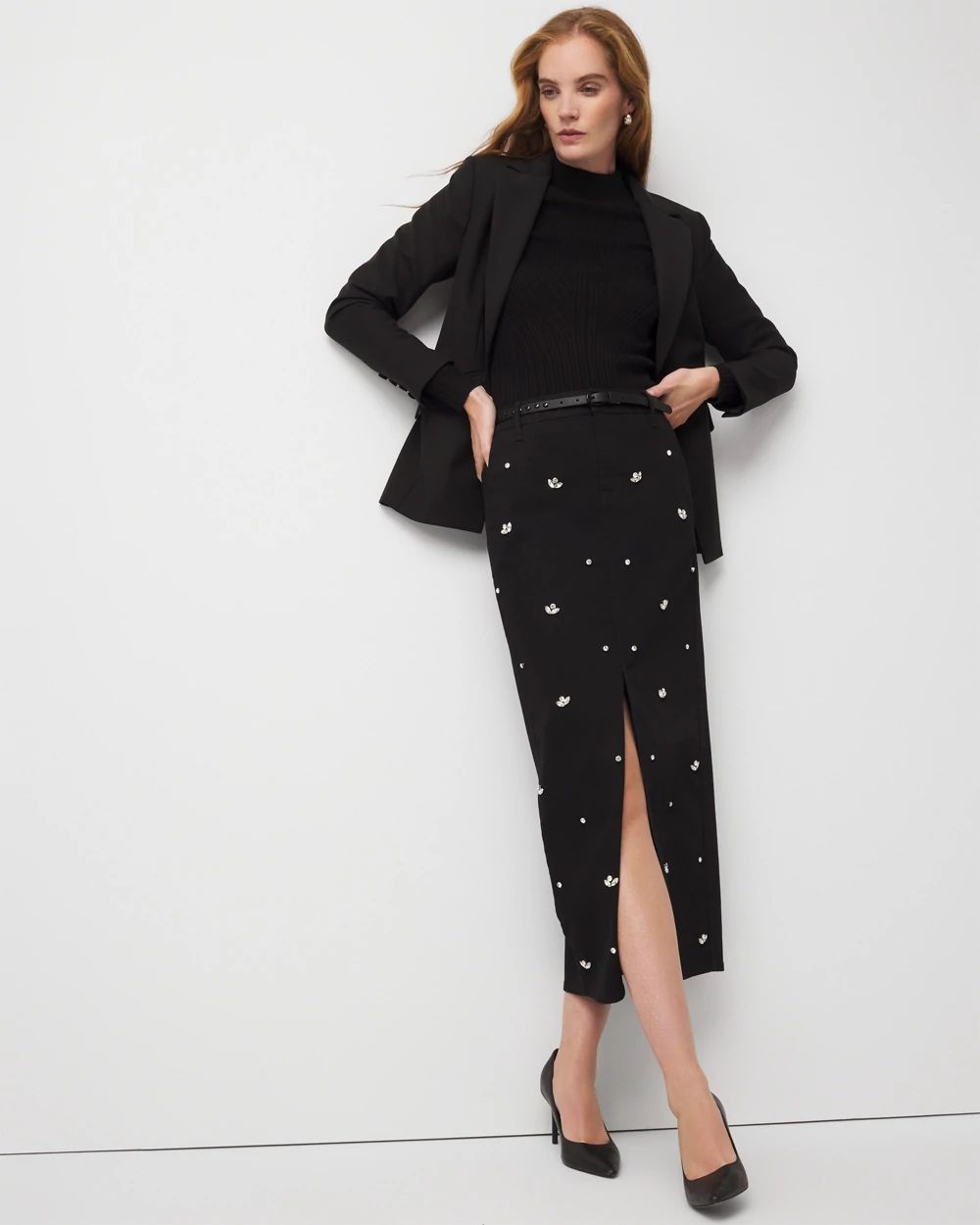 Petite Embellished Denim Maxi Skirt