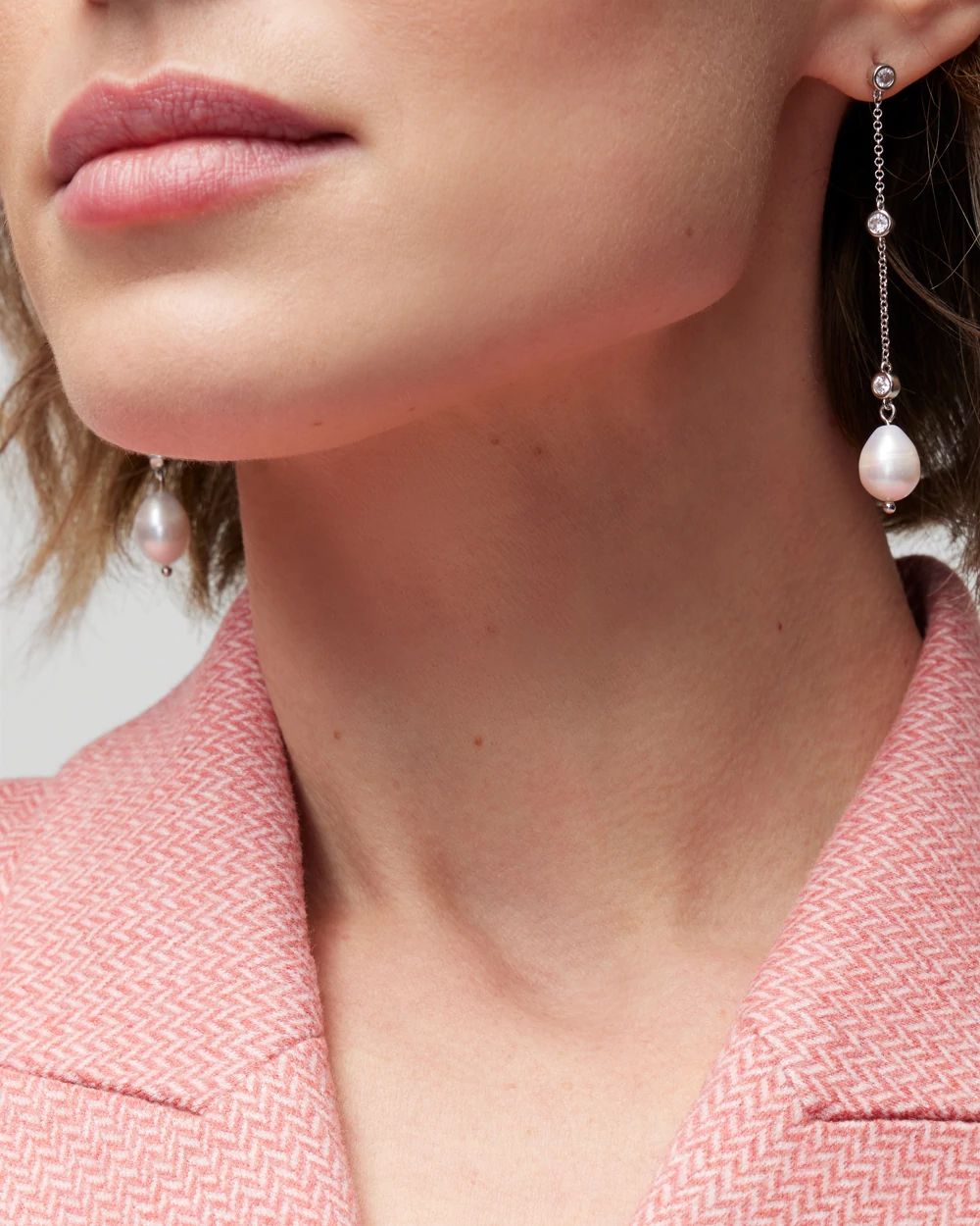 Silver Fresh Water Pearls Crystal Linear Earrings