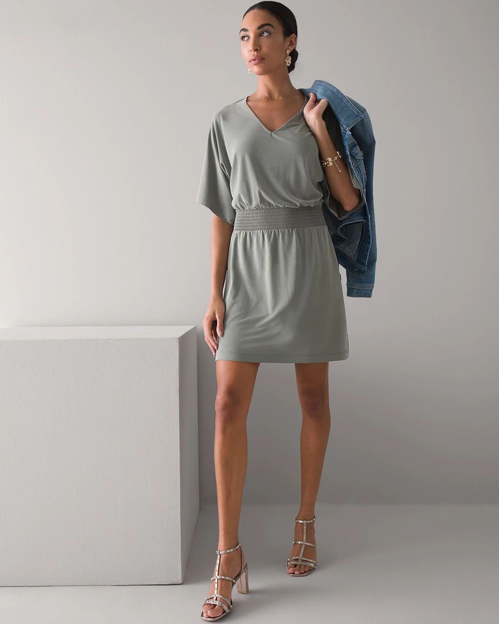 Petite Sandwashed Kimono Sleeve Smock Waist Dress White House Black Market