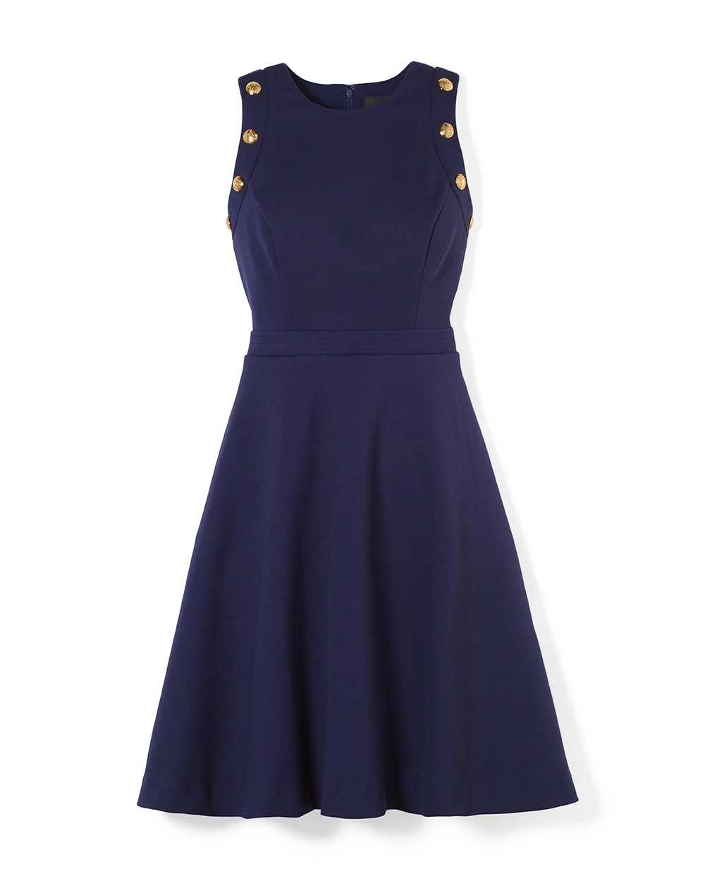 Petite Sleeveless Ponte Fit & Flare Dress With Crest Button Detail click to view larger image.