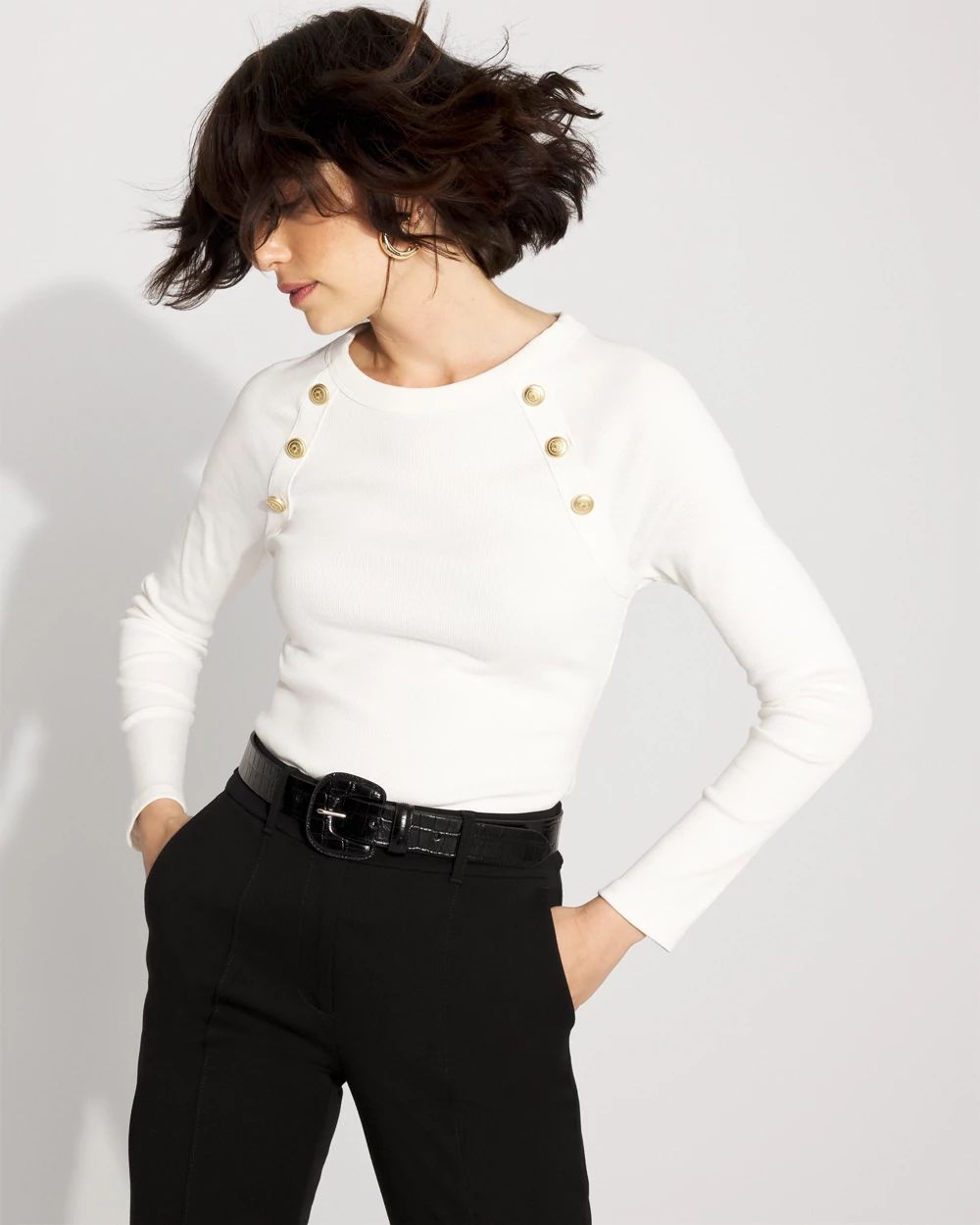 WHBM FORME™ Ribbed Stretch Button Long-Sleeve Tee