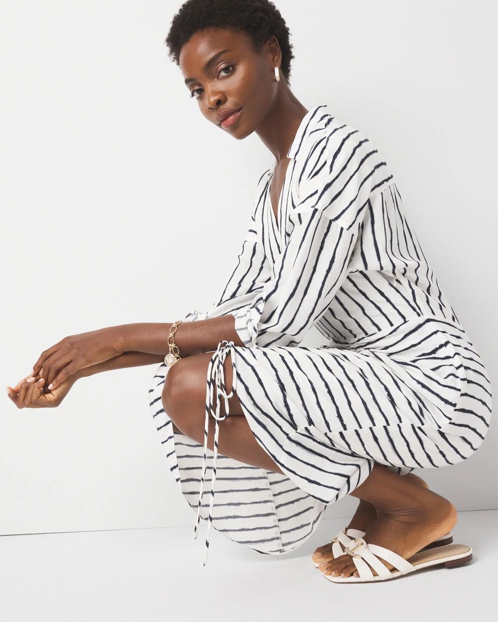 Ruched Crepe Midi Shirt Dress