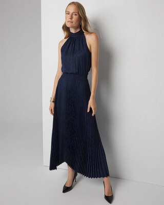 Petite Sleeveless Pleated Halter Midi Dress