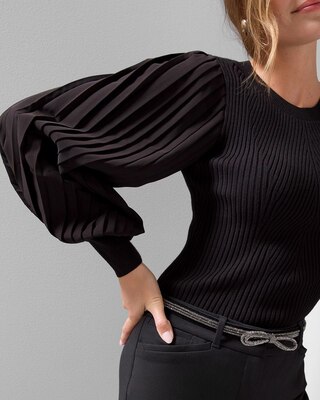Pleated Drama Sleeve Ribbed Sweater