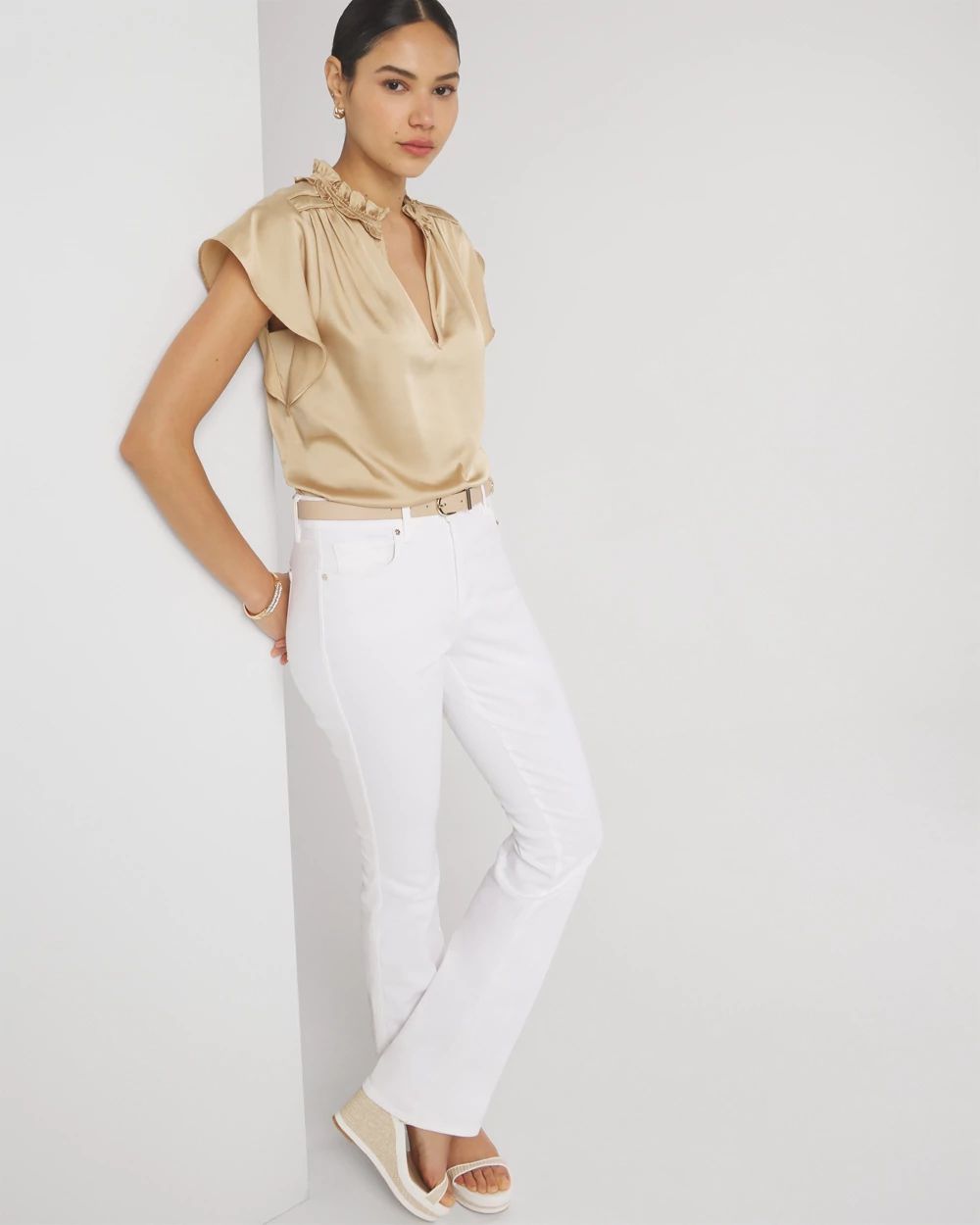 Petite Ruched Neck Flutter Shell Top
