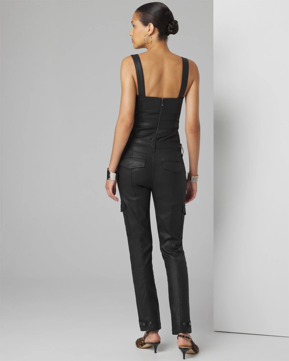 Petite Mid-Rise Tapered Cargo Coated Jeans