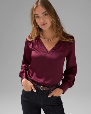 Smocked Shoulder Satin Blouse