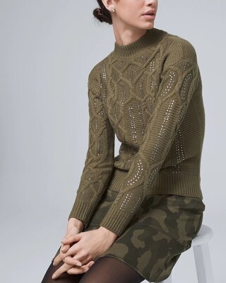 Faux Crystal-Embellished Cable Knit Sweater
