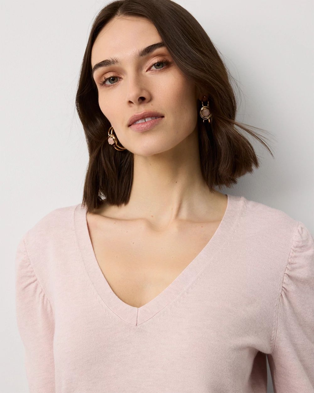 Ruched Sleeve V-neck Pullover