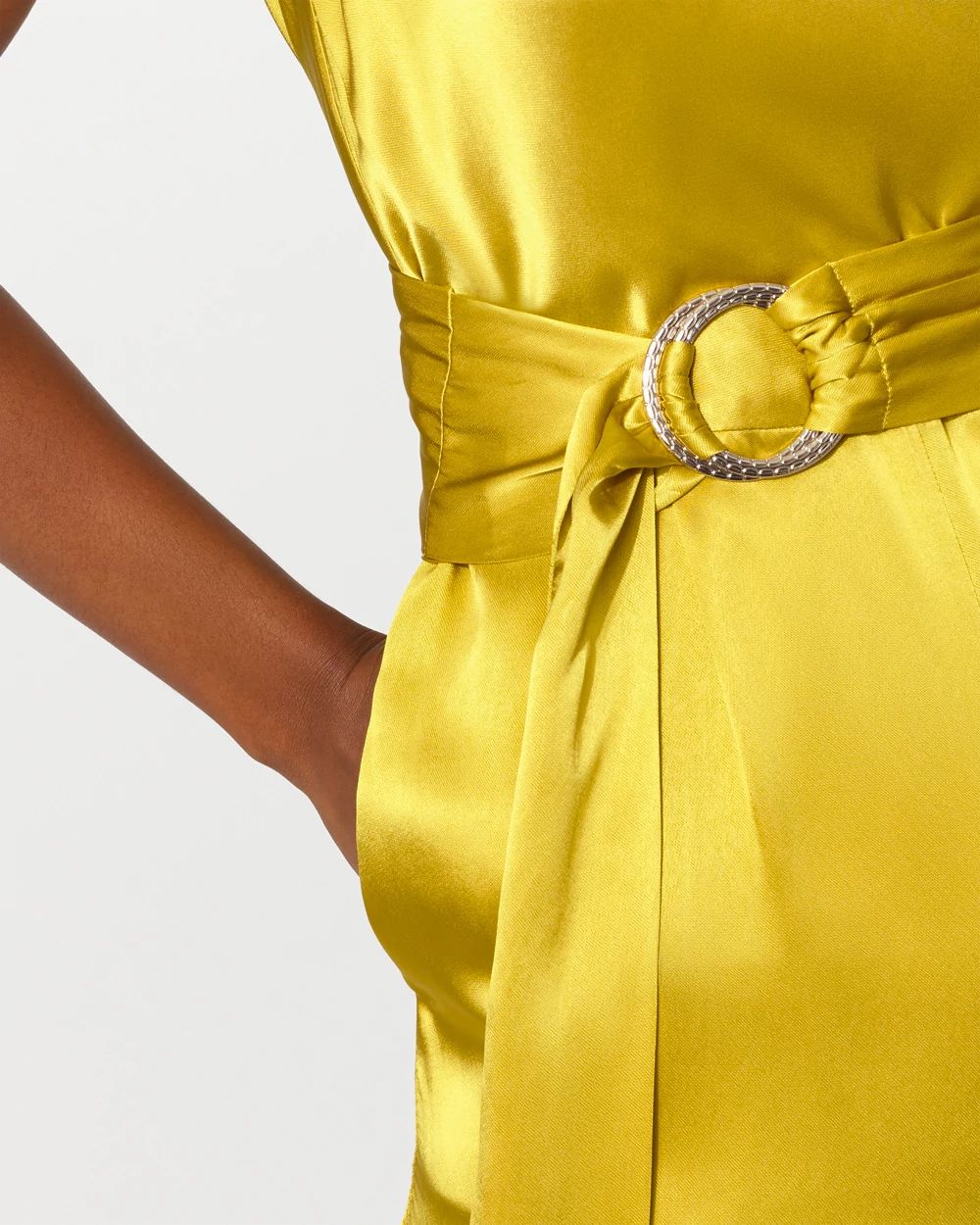 One-Shoulder Satin Belted Jumpsuit