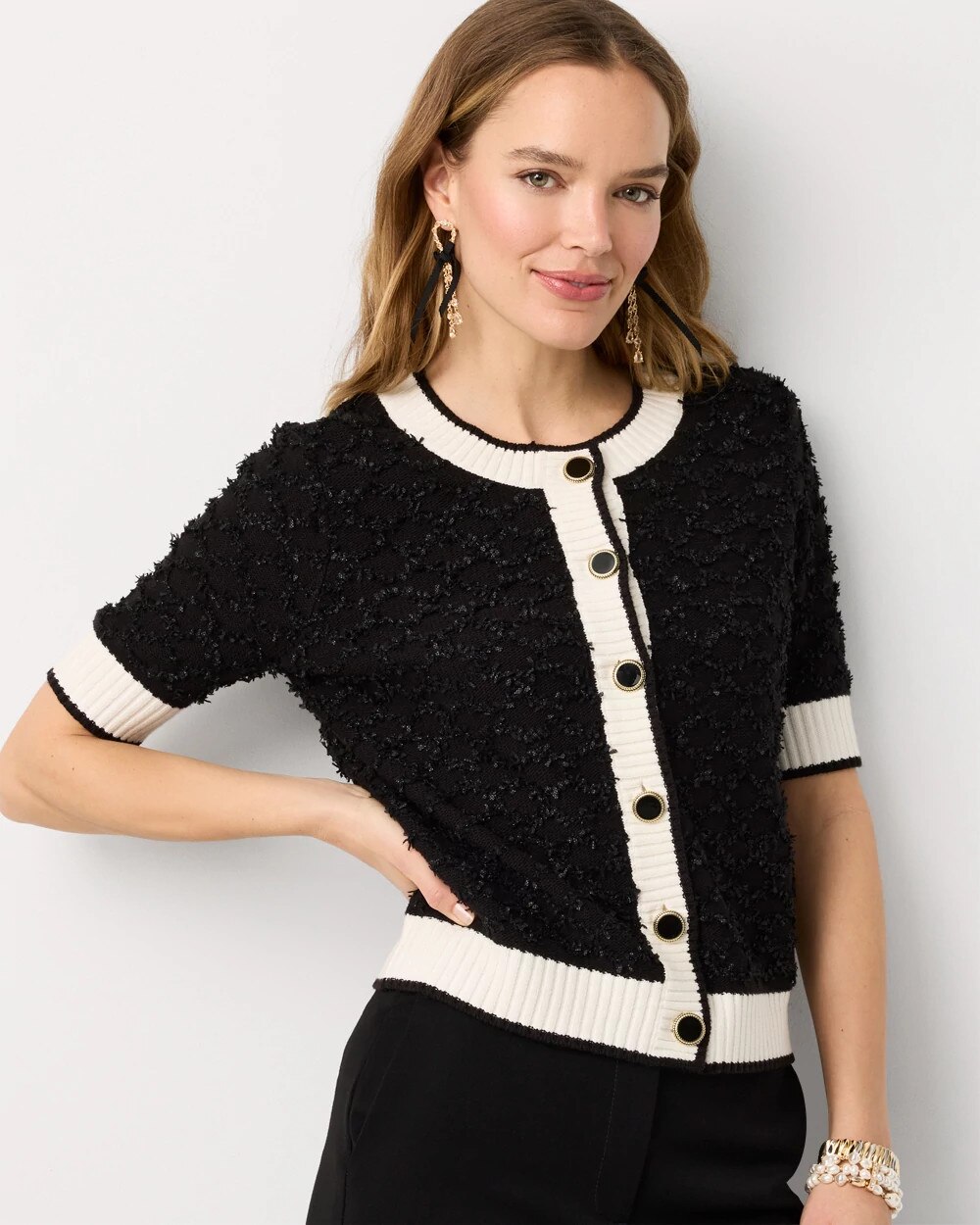 Bouclé Elbow Sleeve Cardigan