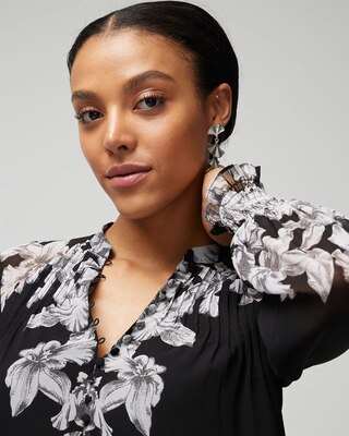 Pleated Butterfly Print Blouse