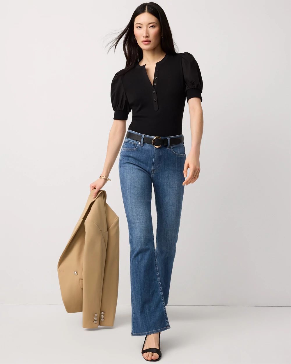 Poplin Puff Sleeve Henley Top click to view larger image.