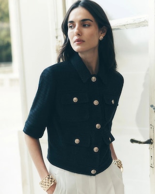 Petite Short-Sleeve Tweed Jacket