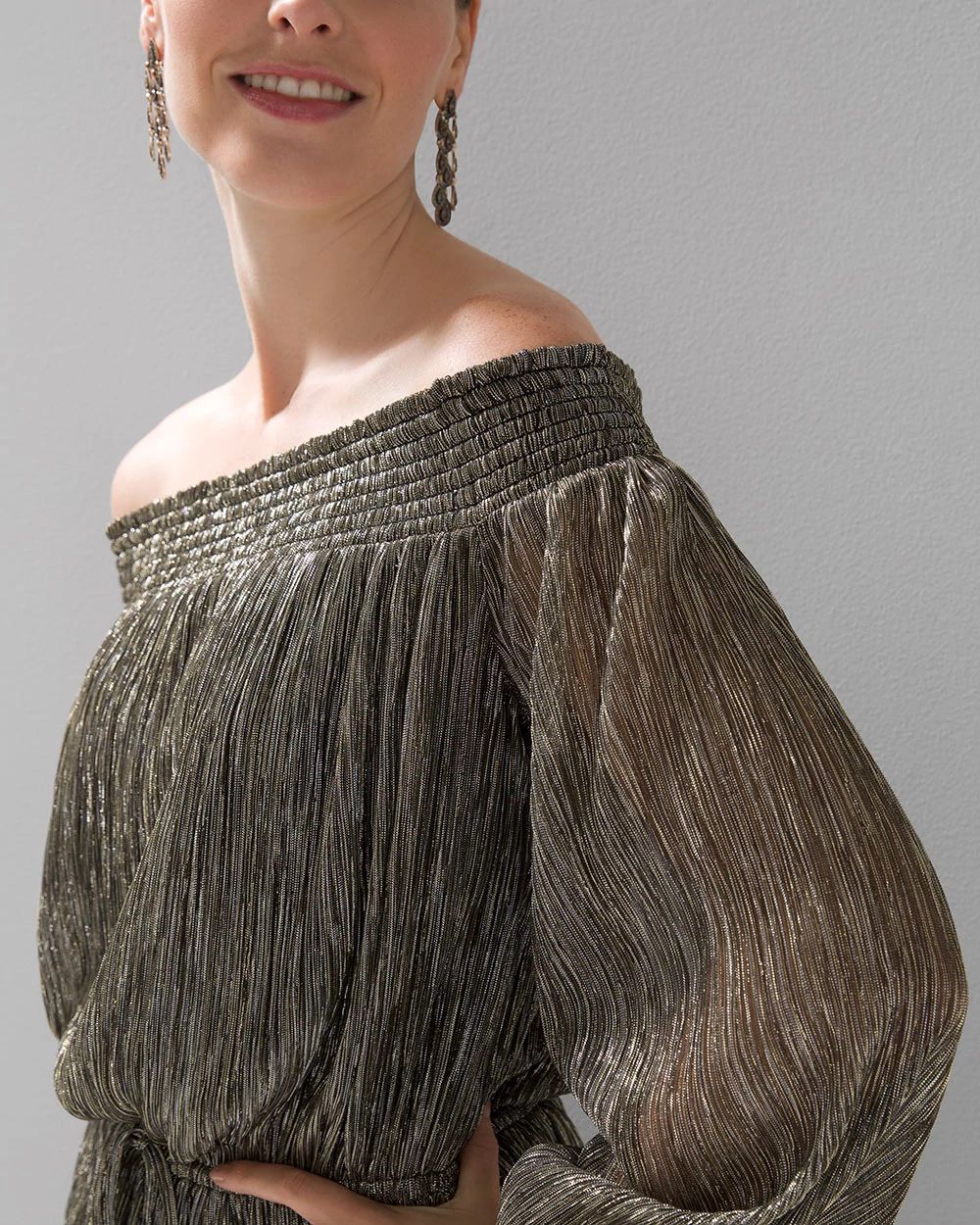 Long Sleeve Off-the-Shoulder Shimmer Top