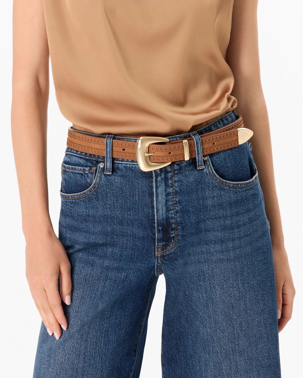 Brogue Detail Faux Suede Denim Belt