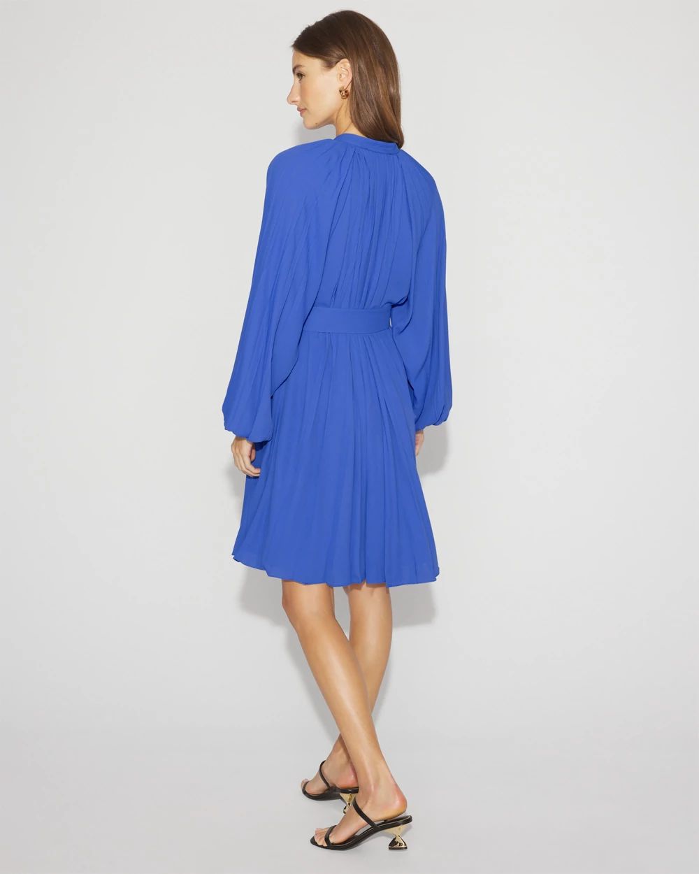 Long-Sleeve Pleated Belted Dress