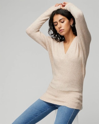 V-Neck Shirred Sleeve Tunic Pullover Sweater