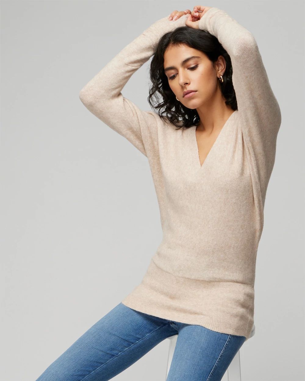V-Neck Shirred Sleeve Tunic Pullover Sweater click to view larger image.