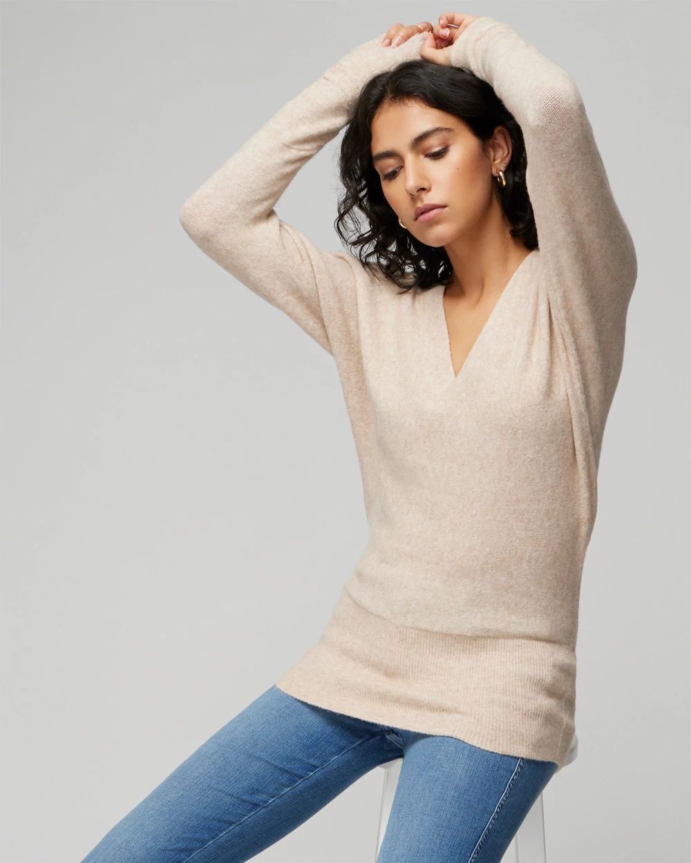 V-Neck Shirred Sleeve Tunic Pullover Sweater