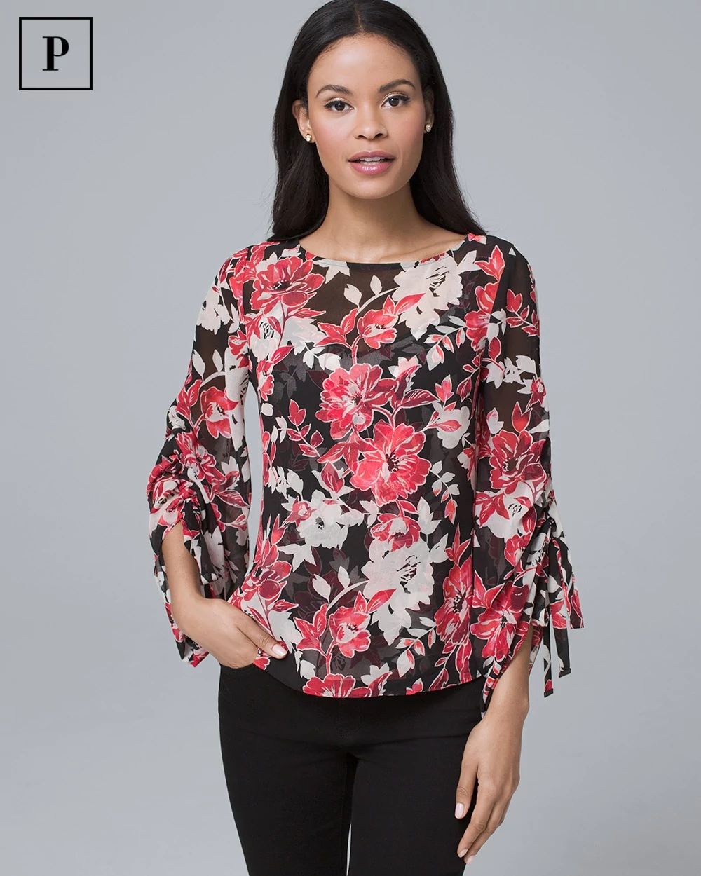 Petite Tie-Sleeve Floral Blouse