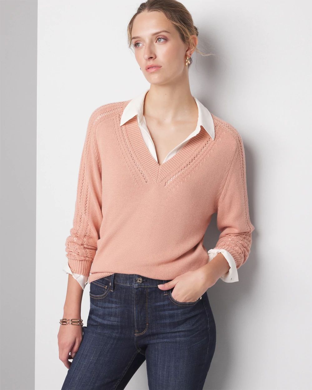 Cashmere Blend Pointelle V-Neck Sweater