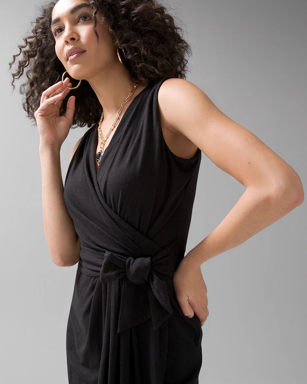 Sleeveless Draped Slub Sheath Dress