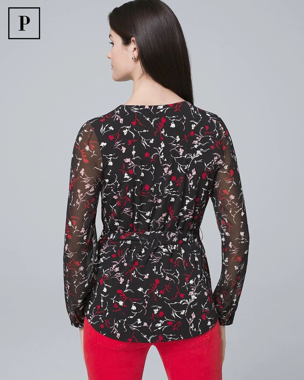 Petite Woven-Sleeve Tie-Waist Floral Top click to view larger image.