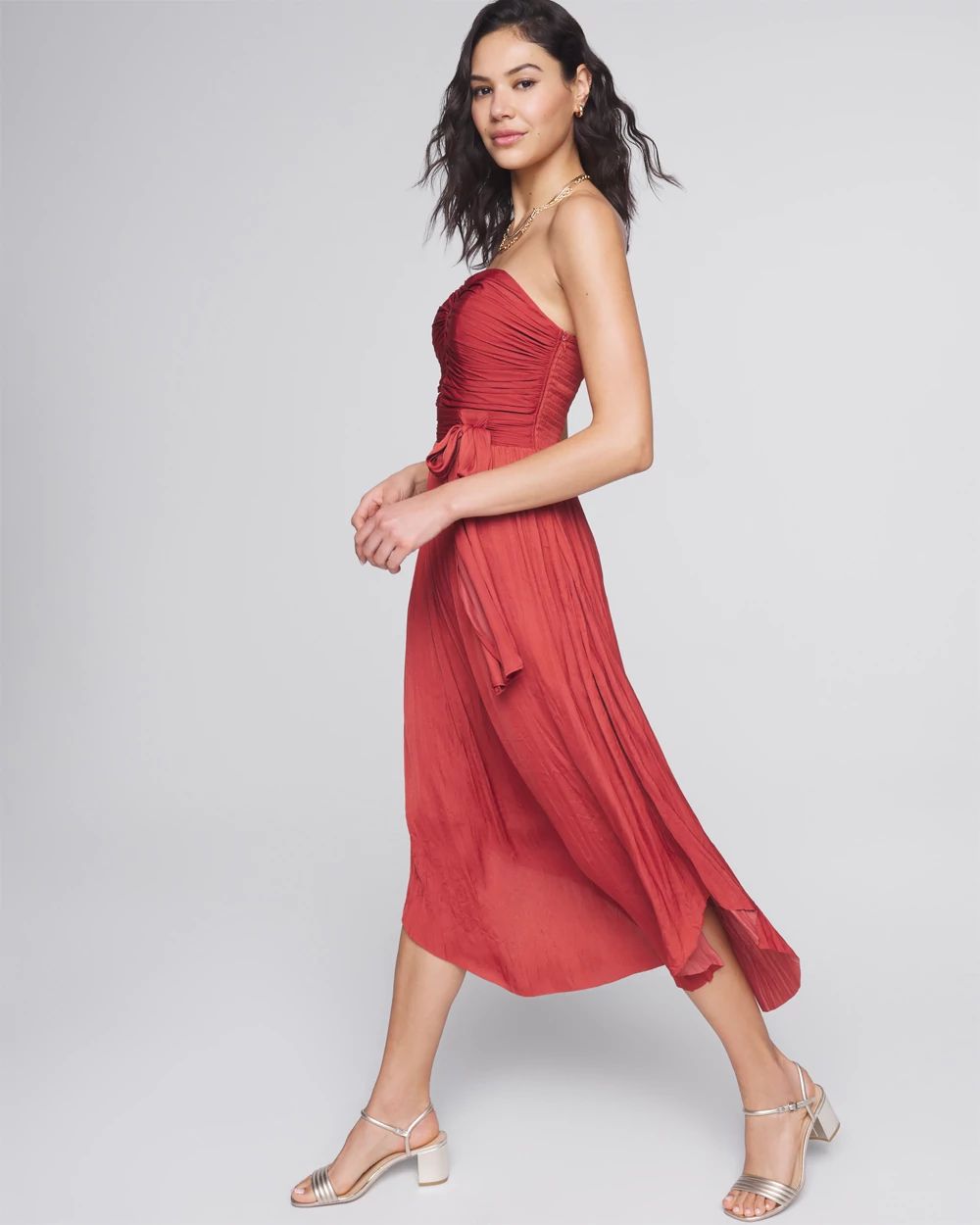 Strapless Pleated Tie-Waist Dress