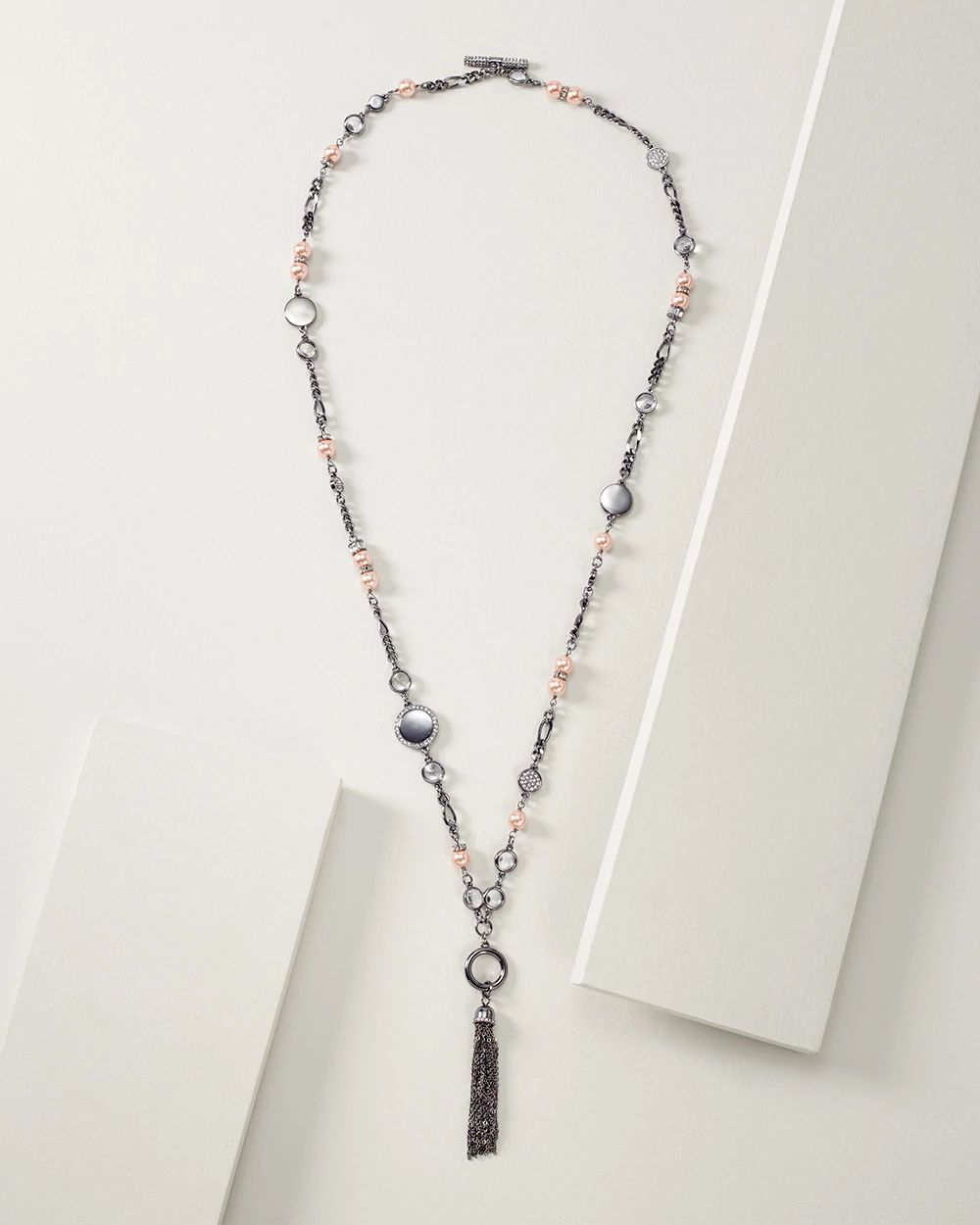 Hematite & Pink Pearl Convertible Tassel Necklace click to view larger image.