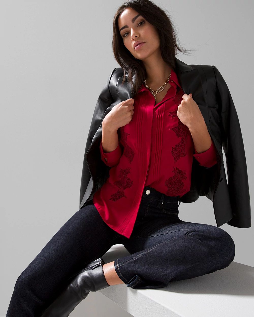 Long Sleeve Lace Applique Shirt click to view larger image.