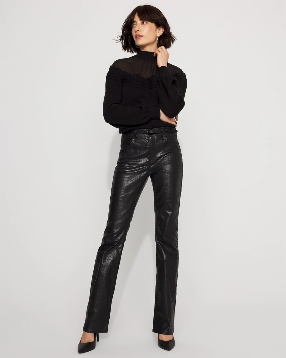 White House Black Market Crocodile Coated Denim High-rise Bootcut Jeans In Black