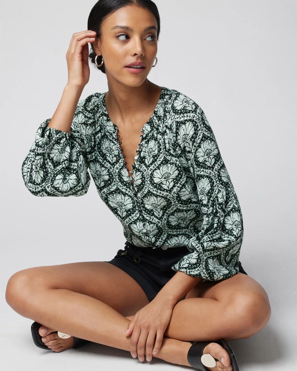 Long Sleeve High-Low Printed Blouse