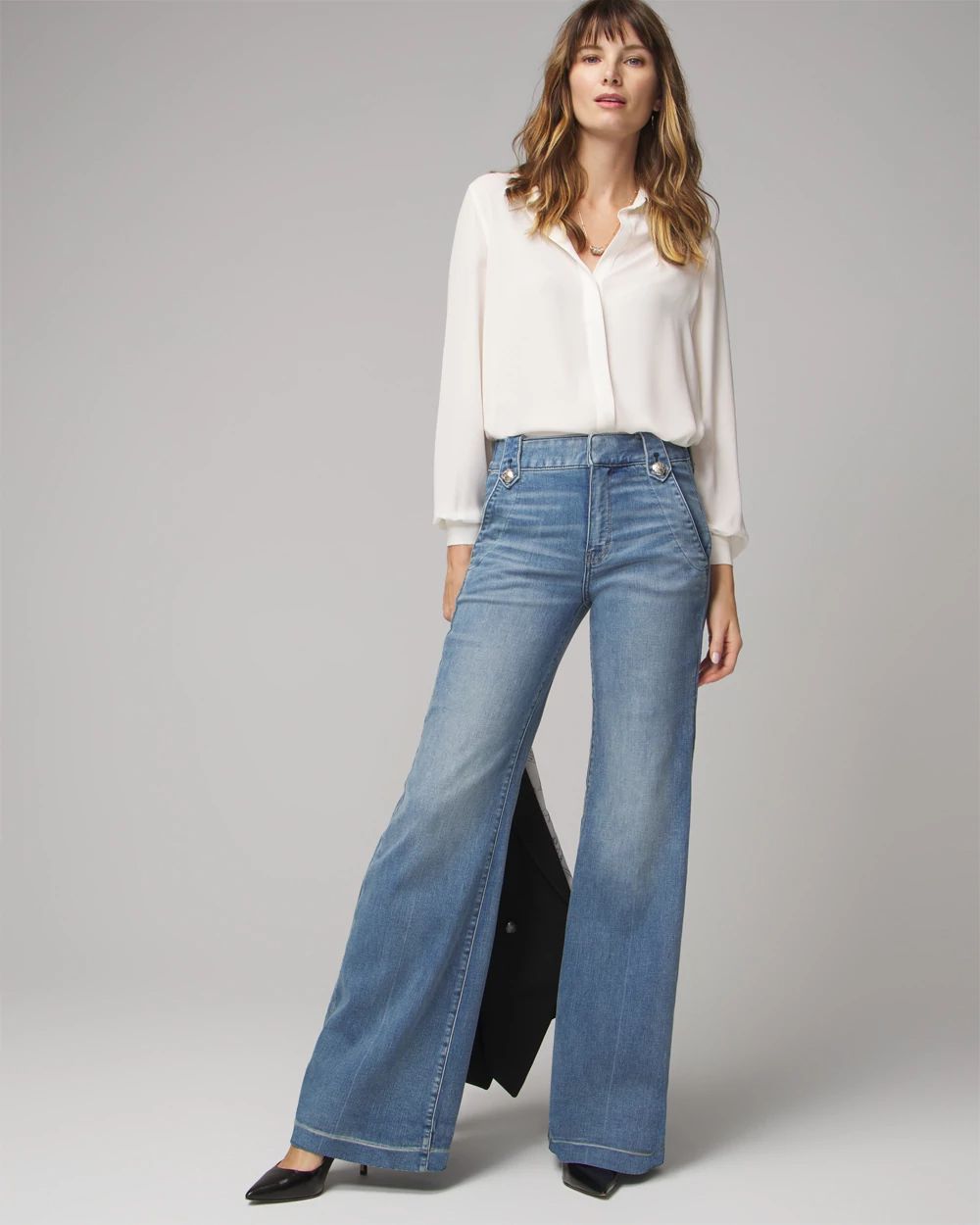 Petite High Rise Every Day Soft Novelty Button Wide Leg Pant click to view larger image.