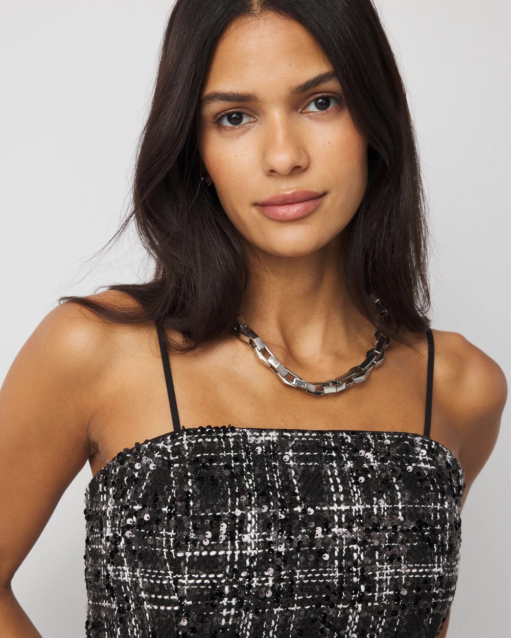 Sequin Plaid Tweed Bustier