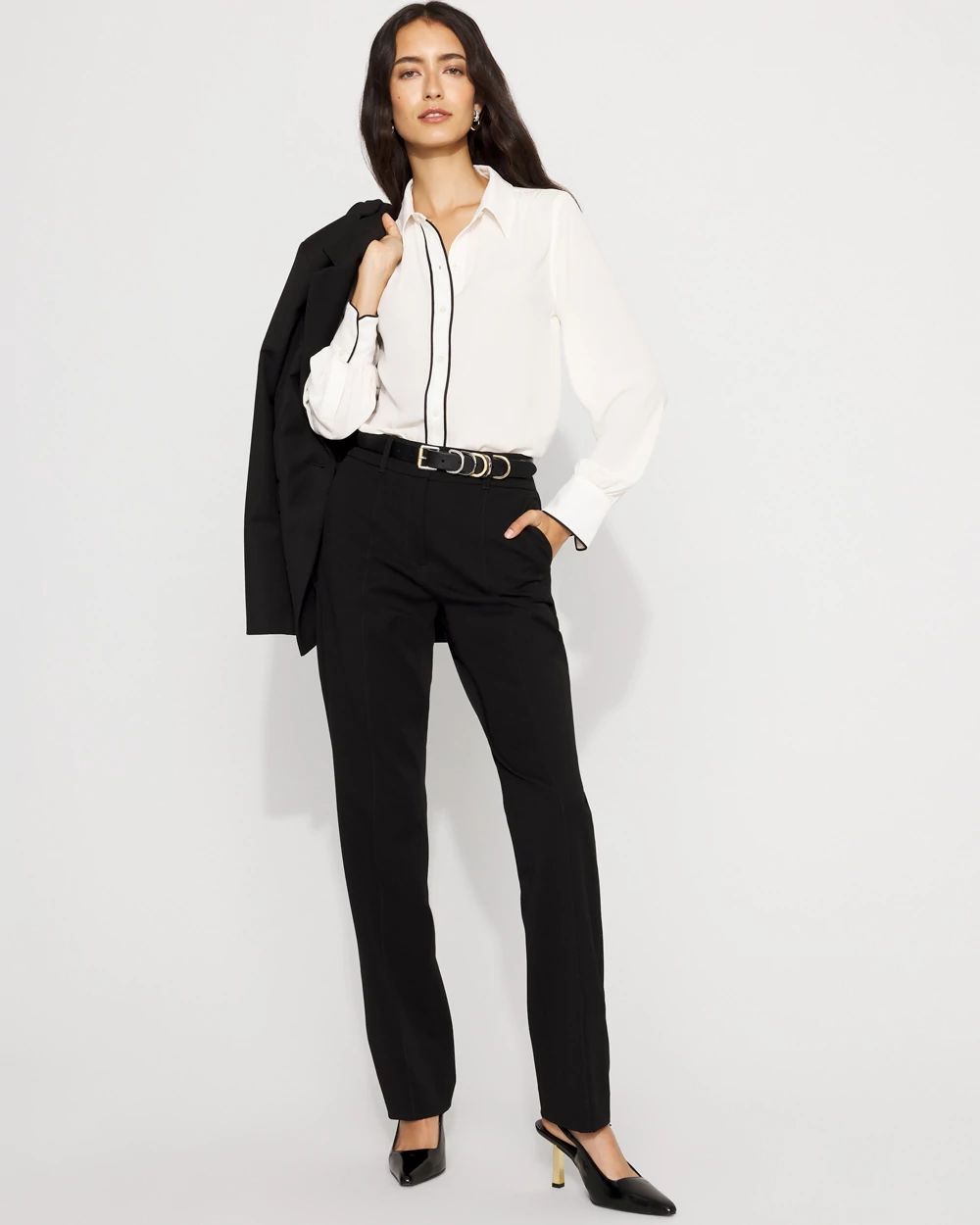 Petite Long Sleeve Soft Shirt with Piping