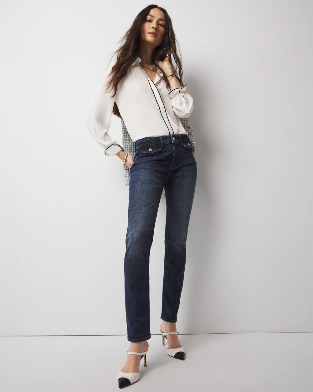 Petite Long Sleeve Soft Shirt with Piping